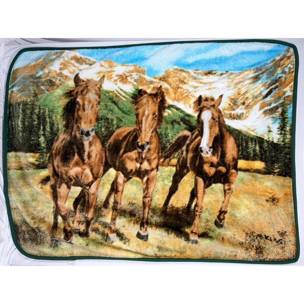 Northwest Co Spring Run Horse Mountain Plush Throw Blanket Signed Western Cabin